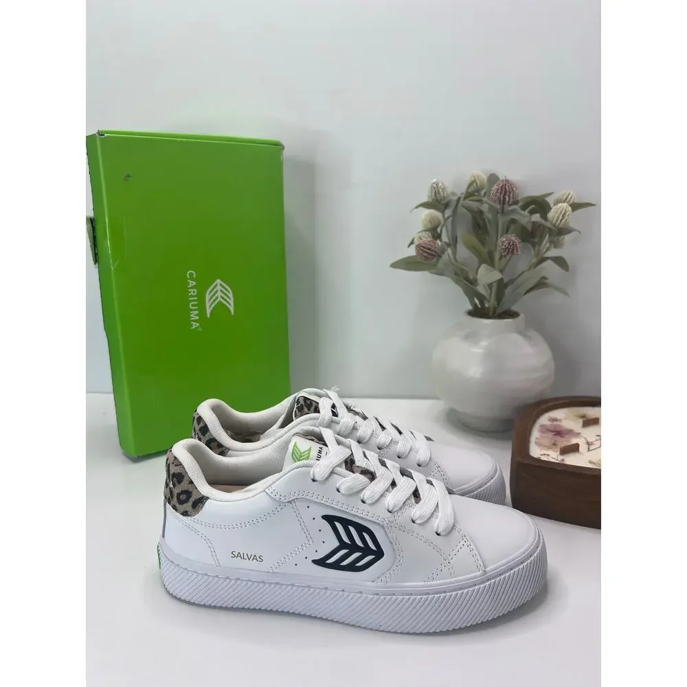 Cariuma Salvas Casual Leather Sneaker White/Leopard Print Heel Women's 7.5 NWB - Picture 1 of 9